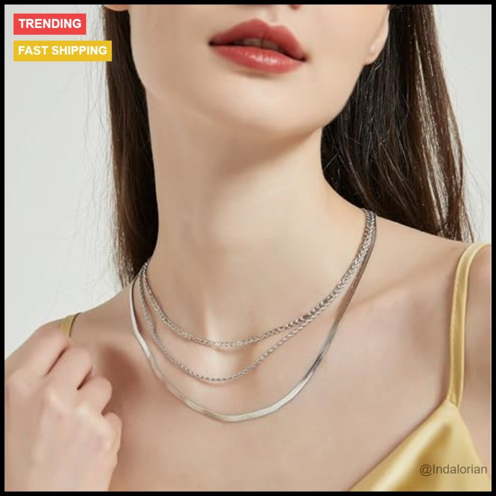 14K Gold Silver Plated Herringbone Chain Necklace, Dainty Snake Choker, Non - Picture 3 of 7